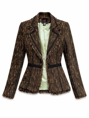 Vintage True Meaning Tweed Blazer Jacket Brown Fringe Trim Tailored Chic Size 0